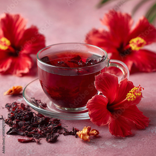 A cup of Hibiscus Herbal tea with Hibiscus flowers on the table.