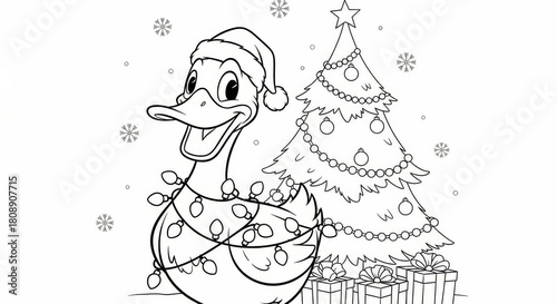 Christmas Duck with Santa Hat and Decorated Tree for Coloring Fun