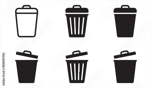 Wastebasket and Trash Can Icon Set with Open and Closed Lid Variations