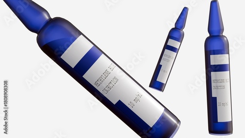 A 3D rendering of sealed, tapered-neck, deep blue ampoules, which contain the Methylene Blue (Methylthioninium Chloride) solution.