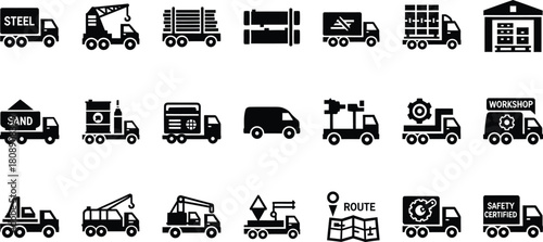Extensive set of truck and logistics icons, covering delivery, construction, and transportation