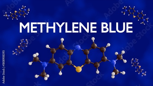 A 3D ball-and-stick model of the Methylene Blue molecule (Methylthioninium Chloride), in a blue background. A heterocyclic aromatic compound and an organic dye.