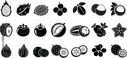 Collection of exotic fruit icons, including dragon fruit, lychee, mangosteen, rambutan, and star fruit