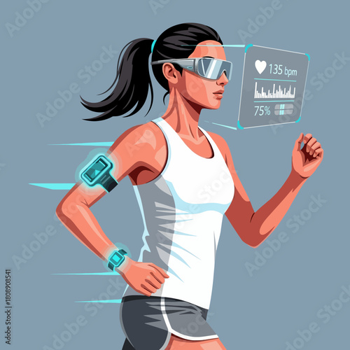 Dynamic Woman Jogging with Advanced Wearable Tech for Fitness and Health Monitoring