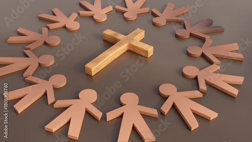 A 3d rendering of Christian cross is centered, surrounded by human figures arranged in a radial circle. This symbolizes a community united by faith.