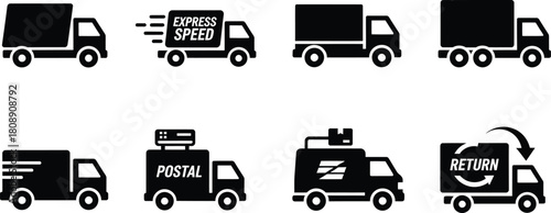 Delivery and logistics truck icons, including express, speed, postal, and return services, isolated on white background