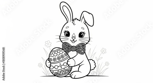 Cute Bunny with Easter Egg Hand-Drawn Coloring Page for Kids