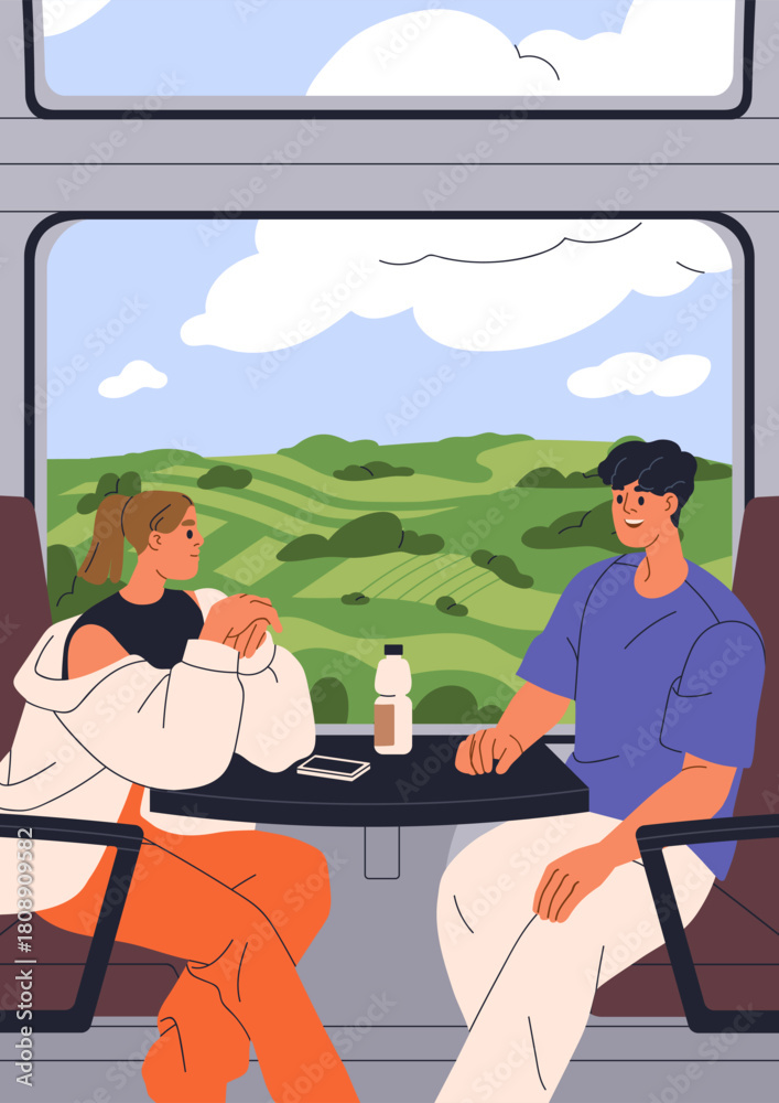 Obraz premium Travel by train. Young woman and man sitting by window with nature landscape view. Fellow passengers, railroad companions, couple talking during trip. Railway journey. Flat vector illustration