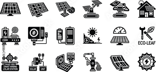 Solar energy icons panels, batteries, ecofriendly solutions, isolated on white
