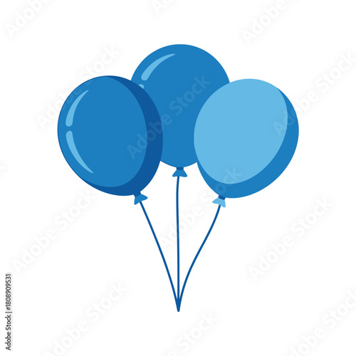 Three blue balloons floating together on white background