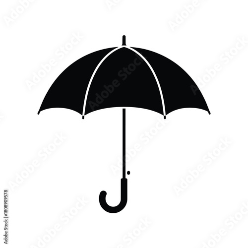 Black silhouette of an open umbrella on a white background
