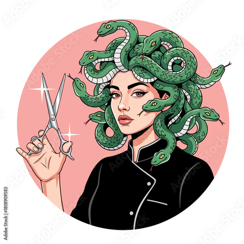 Medusa-Inspired Hairdresser Crafting Styles with Sharp Scissors Illustration