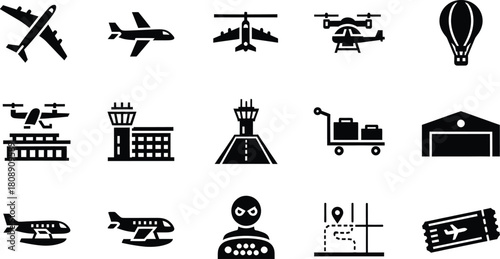 Airport and aviation icons airplanes, drones, control towers, travel elements, isolated