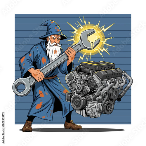 Wizard mechanic character holding a giant wrench next to a car engine