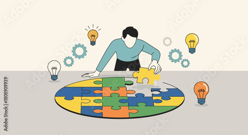 Person assembling a colorful puzzle with lightbulbs and gears around