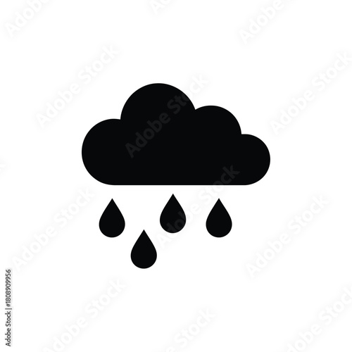 Black cloud with falling rain drops icon on white background