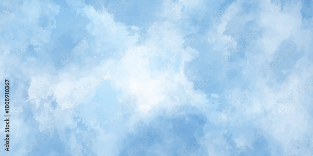 Obraz premium Blue sky with fluffy white cumulus clouds on a clear summer day showing a natural cloudscape and clear atmosphere. Abstract blue watercolor background. White and blue mixed watercolor painted leaks