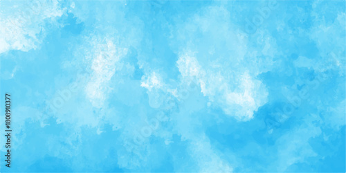 Blue sky with fluffy white cumulus clouds on a clear summer day showing a natural cloudscape and clear atmosphere. Abstract blue watercolor background. White and blue mixed watercolor painted leaks