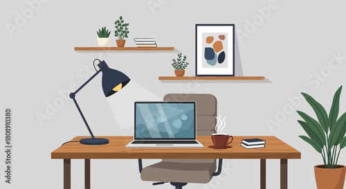 Modern home office workspace with laptop, desk lamp, and plants