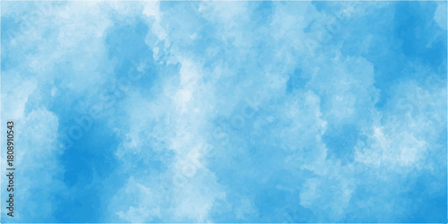 Blue sky with fluffy white cumulus clouds on a clear summer day showing a natural cloudscape and clear atmosphere. Abstract blue watercolor background. White and blue mixed watercolor painted leaks