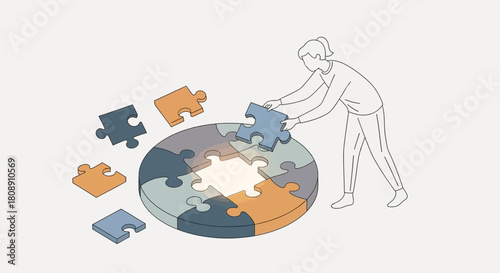 Person assembling a circular puzzle, symbolizing problem solving and completion