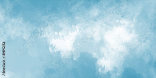 Blue sky with fluffy white cumulus clouds on a clear summer day showing a natural cloudscape and clear atmosphere. Abstract blue watercolor background. White and blue mixed watercolor painted leaks