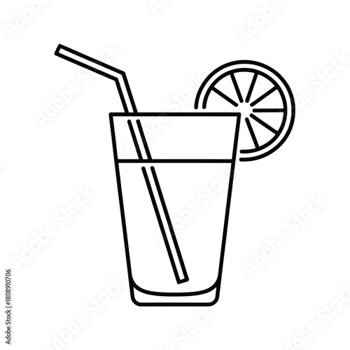 Simple line art icon of a refreshing drink with lemon slice and straw