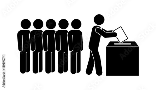 Stickman queue and person inserting paper into box, minimal silhouette vector of people standing in line and placing document into container.