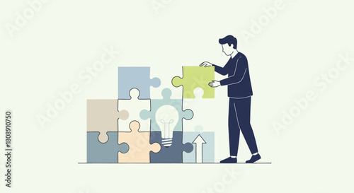 Man assembling puzzle pieces with a lightbulb idea, isolated on