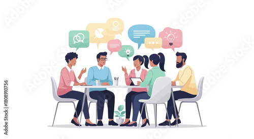 Business team meeting and brainstorming with speech bubbles, isolated on