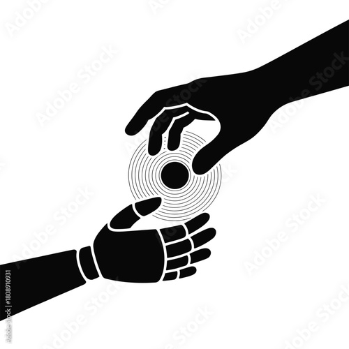 Human hand passing a disc to a robotic hand