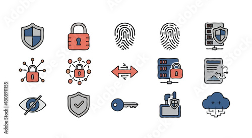 Cybersecurity Icon Set – 16 Colorful Symbols Representing Digital Protection and Network Security