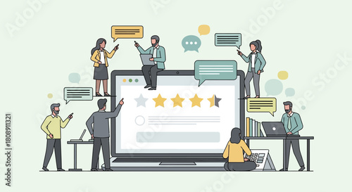 Team collaborating on customer feedback and online review system on laptop