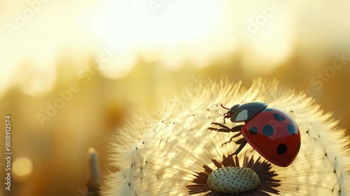 A bright red ladybug rests on a dandelion puff, surrounded by soft golden light of sunset, creating a serene atmosphere in a peaceful garden setting.