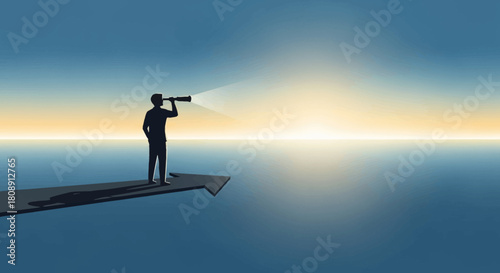 Businessman looking through telescope towards bright horizon, future vision