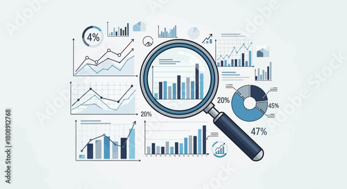 Data analysis concept with magnifying glass over various business charts isolated on