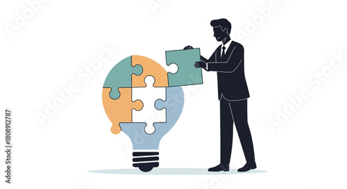 Businessman assembling puzzle lightbulb, concept of idea generation and problem solving isolated on