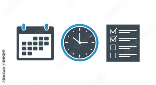 Calendar, clock, and checklist icons for time management on