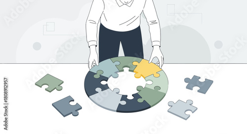 Person assembling circular puzzle, problemsolving concept on white
