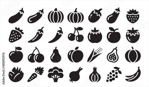 Fresh Food Icon Pack with Assorted Vegetables and Fruits for Organic Branding