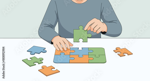 Persons hands assembling jigsaw puzzle on table, problem solving concept