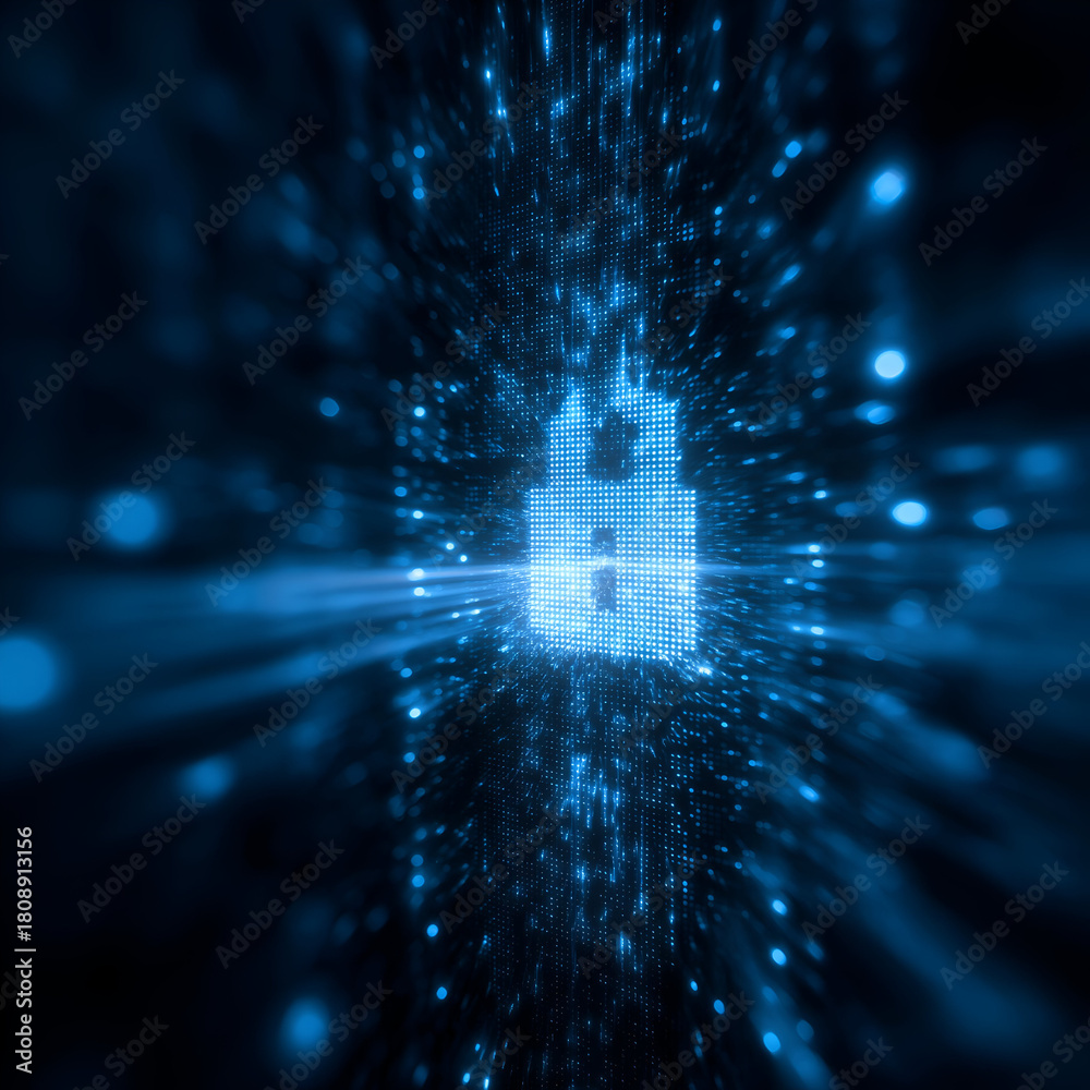 Obraz premium Digital lock symbolizing cybersecurity, surrounded by glowing data streams, representing the protection of information in the digital age.