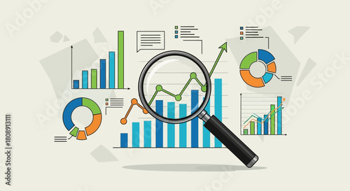 Magnifying glass over business charts and graphs for data analysis