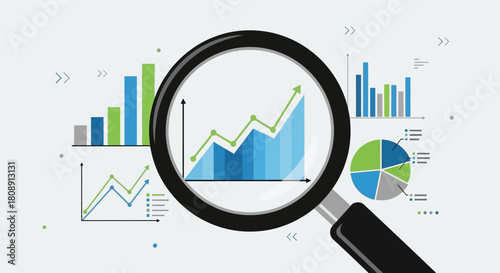 Magnifying glass analyzing business data, financial charts, and market growth