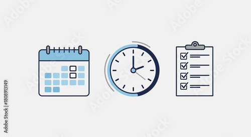 Time management, planning, and task scheduling icons with calendar, clock, and checklist