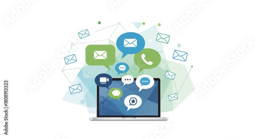 Digital communication and networking concept with laptop and various message icons isolated on
