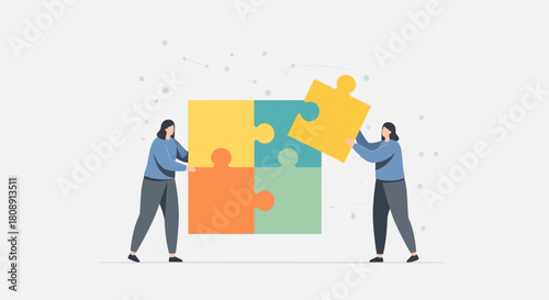 Two people assembling a fourpiece puzzle, teamwork and solution concept