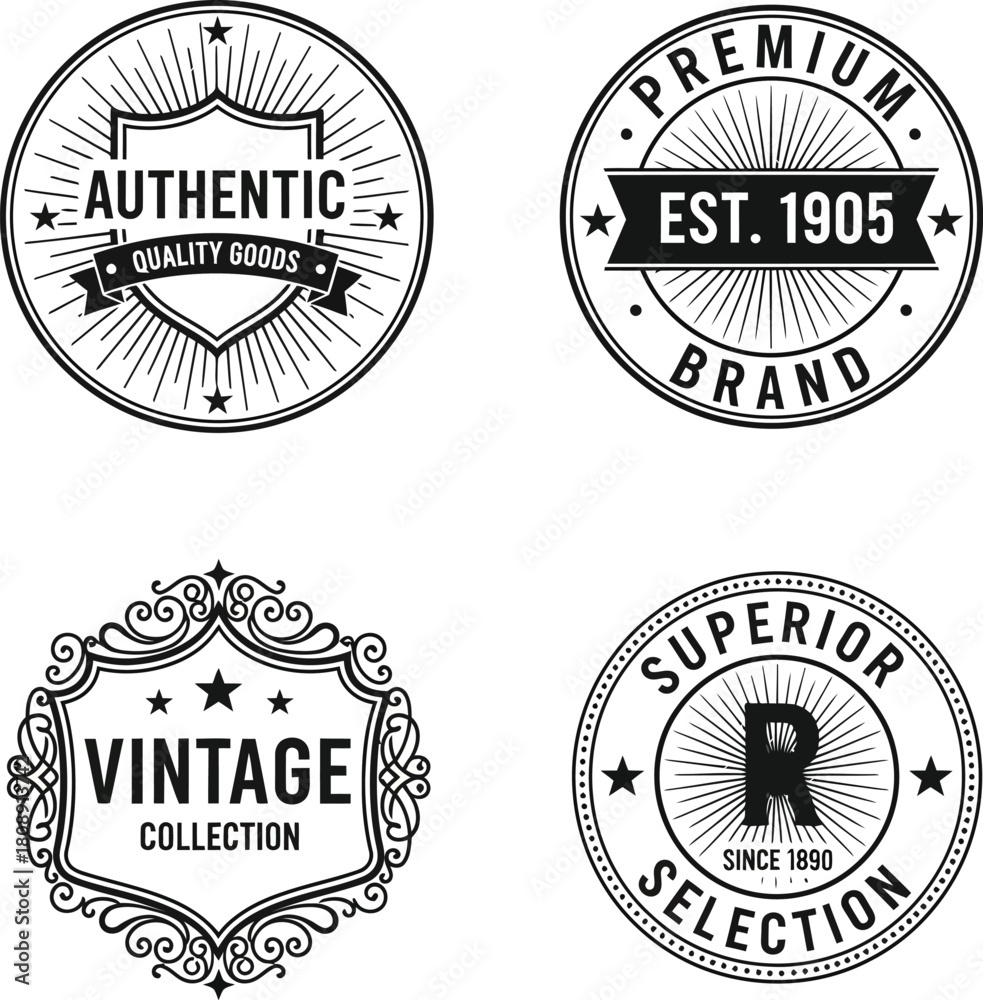 Fototapeta premium Retro badge. Old emblem, logo frame and vintage silhouette badges hipster design vector set