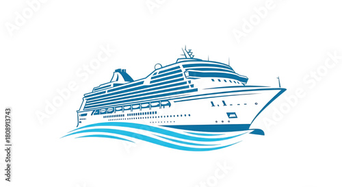 Modern cruise ship sailing through blue ocean waves on a clear day.