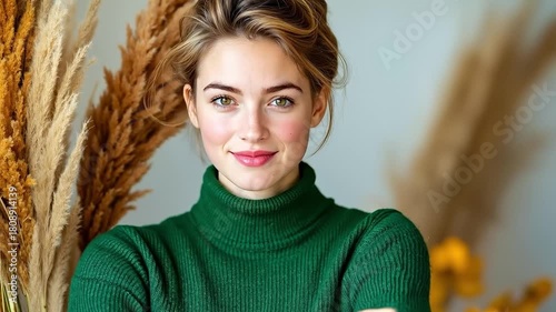 A woman in a green turtle neck sweater smiles at the camera